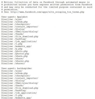 esempio file robots.txt Facebook